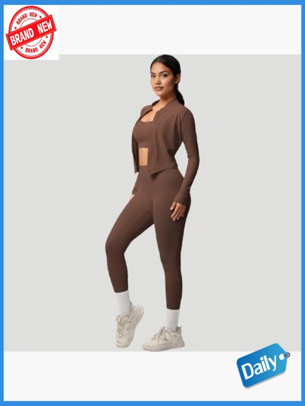 3 Piece Workout Set: Zip-Up Jacket, Sports Bra & High-Waist Leggings, Stretchy - Picture 2 of 7
